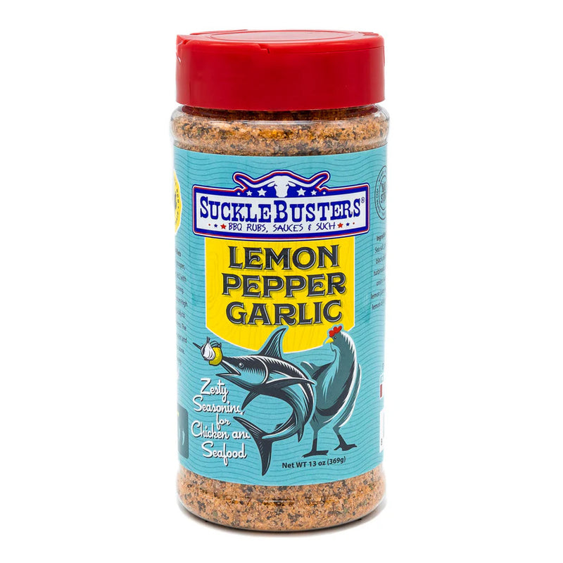 SuckleBusters Lemon Pepper Garlic BBQ Rub for seafood, fish, and shrimp – available at DDR BBQ Supply.