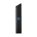 The Messermeister Chef's Edge-Guard - 10" is a black, rectangular knife guard with a diagonal top cut, featuring a blue circular Messermeister logo at the lower center. It’s shown on a plain light gray background.