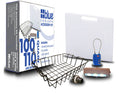 Blue Coolers Pro Accessory Kit For Ark 100 110 Quart Coolers, featuring a rectangular cutting board, wire basket, combination lock, LED light, and drain cap, shown with its retail box.