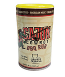 A canister of Manly Cans BBQ Gift Can by Manly Cans. Perfect grill seasoning for any BBQ gift set. Tan label with red accents, yellow lid; No MSG, Fat Free, American Made, Certified Cajun. Net weight: 8 oz.