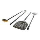 The WPPO LLC Direct WPPO 4 Piece Wood-Fired Pizza Oven Utensil Kit features four long-handled tools—a brass wire oven brush, an ash rake, a large perforated metal pizza peel, and a small round metal pizza turning peel—making it an essential accessory set for any wood-fired pizza oven.
