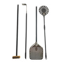 The WPPO LLC Direct 4 Piece Wood-Fired Pizza Oven Utensil Kit features four black-handled tools—a wire brush, ash rake, perforated pizza peel, and round turning peel—standing upright against a white background, making it the ideal accessory set for your wood-fired pizza oven.