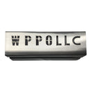 The WPPO LLC Direct WPPO Wood-Fired Oven Flame / Heat Deflector is a sturdy stainless steel pizza oven accessory featuring the letters "WP POLLC" cut out in a stencil style across its silver metal surface, designed to evenly distribute heat in your wood-fired oven.
