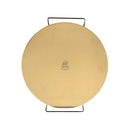A round, beige WPPO 15" Premium Pizza Baking Stone with Handles from WPPO LLC Direct is pictured from above on a white background. The stone features a small WPPO logo at its center and rests on a sturdy metal rack. Ideal for making brick oven-style pizza at home, this premium baking stone combines function with style.