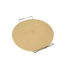 A round beige WPPO 15" Premium Pizza Baking Stone with Handles by WPPO LLC Direct is displayed on a white background, featuring a small logo in the center. This high-quality baking stone comes with a sturdy metal rack underneath, making it perfect for creating delicious brick oven-style pizza at home.