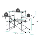 The DirectDeals Foldable Outdoor BBQ Table Grilling Stand doubles as a camping cook station with a 44-lb center shelf, two 22-lb side tables, and a roomy lower shelf—portable and convenient for any outing.