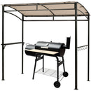 A black outdoor grill with a side firebox sits beneath the DirectDeals 7 x 4.5 Feet Grill Gazebo Outdoor Patio Garden BBQ Canopy Shelter-Brown, featuring a curved roof, metal frame, and side hooks for all-season grilling.