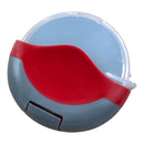 The WPPO Pizza Cutter With Removable Safety Shield by WPPO LLC Direct is a round, gray and red handheld device featuring a clear, hinged lid and a removable safety shield, displayed against a white background.