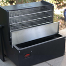 Myron Mixon BARQ 2400 Pellet Smoker (BARQ-2400) with Wi Fi by Myron Mixon Smokers features multiple metal racks and a spacious front door, perfect for your patio with greenery in the background.