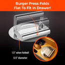 The Braize Smash Burger Press Kit with 9" x 12" Melting Dome & Spatula is shown. Text reads: Folds Flat To Fit In Drawer! Inset shows the folded press (1.5" tall, 6.5" diameter) in a kitchen drawer. Brand: Braize.