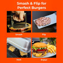 Four images show how to use the Braize Smash Burger Press Kit: pressing burgers, flipping with the Braize stainless steel spatula, melting cheese under the 9" x 12" dome, and serving cheeseburgers with fries. Text: Smash & Flip for Perfect Burgers.