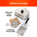 The Braize Smash Burger Press Kit includes a 9" x 12" stainless steel melting dome with knob, 50 non-stick sheets, a 6.5" round press with folding handle, and a 5.5" wide stainless steel spatula—all by Braize.