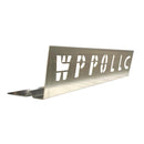 A stainless steel WPPO Wood-Fired Oven Flame / Heat Deflector by WPPO LLC Direct, featuring cut-out letters reading "WP POLLC," is displayed on a white background and viewed from an angle.