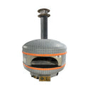 The WPPO Professional Lava Digital Controlled Wood-Fired Oven With Convection Fan by WPPO LLC Direct features a dome-shaped design with gray mosaic tiles, an eye-catching orange stripe, a front opening, a top-mounted chimney, and a control panel at the base. Crafted from premium volcanic stone, it ensures superior heat retention.