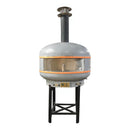 The WPPO 40" Professional Lava Digital Controlled Wood-Fired Oven With Convection Fan by WPPO LLC Direct features a spacious, dome-shaped design with a front window and metal chimney, all supported by a sturdy black metal frame. Its exterior is finished in light gray tiles accented with an eye-catching orange band, creating a striking appearance. Inspired by traditional volcanic stone pizza ovens, this oven offers exceptional heat retention for perfect pizzas every time.