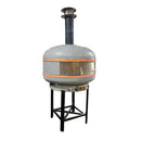Here is the rewritten sentence using your product data: The WPPO 40" Professional Lava Digital Controlled Wood-Fired Oven With Convection Fan by WPPO LLC Direct is a large, round, silver and gray oven with a chimney on top, set on a black metal stand, and featuring a control panel and vent at the base.