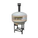 A round, white-tiled pizza oven featuring a chimney on top, a glass-fronted door, control knobs, and sturdy black metal legs—crafted in the style of the WPPO LLC Direct 48" Professional Lava Digital Controlled Wood-Fired Oven With Convection Fan and isolated on a white background.