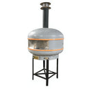 The WPPO LLC Direct 48" Professional Lava Digital Controlled Wood-Fired Oven With Convection Fan features a large, dome-shaped gray tile design accented with orange, a chimney on top, an open front, and is mounted on a black metal stand with a control panel and ventilation—expertly crafted to deliver authentic results reminiscent of volcanic stone cooking.