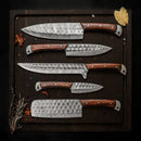 The Texan Knives Best Dishwasher Safe Knife Set features forged Damascus steel blades (13") with bone & Pakkawood handles, elegantly displayed on a dark cutting board with scattered dried herbs and rosemary. Includes leather sheath.
