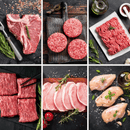 Six images showcase the Dude Food Common Man Meat Box by Dude Food, featuring Kansas City Strip Steaks, American Ground Beef shaped into burger patties and finely ground portions, sliced beef, pork chops, and Boneless Chicken Breasts—each artfully arranged with herbs and seasonings on wooden or slate boards.