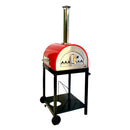 A WPPO LLC Direct Traditional 25" Dual Fueled Pizza Oven With Gas Attachment—wood and gas powered—in red and silver with a tall chimney is positioned on a black wheeled metal stand, which features a storage shelf and a circular cutout on the lower shelf.
