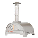 A WPPO Karma 25 Wood-Fired Oven by WPPO LLC Direct, featuring stainless steel construction, a tall chimney, wooden handle, and integrated temperature gauge, is set against a plain white background.