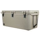 Tan 125-quart cooler by Bison Coolers with black latches, rope handles, and textured finish.
