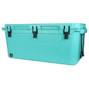 Aqua blue 125 quart cooler by Bison Coolers, shown in a side angle view.
