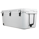 White 125 quart cooler by Bison Coolers, featuring black latches and drain plug.