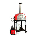 A red and silver outdoor pizza oven on a black wheeled stand with a propane tank below, accompanied by the WPPO 18V Rechargeable Ash Vacuum With Bonus Value Pack from WPPO LLC Direct featuring a HEPA filter.