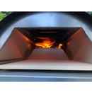 Close-up of a lit WPPO Le Peppe Portable Wood-Fired Pizza Oven by WPPO LLC Direct, showcasing vivid orange flames against its sleek silver metal interior. This portable oven boasts a smooth, flat baking surface and an elegantly curved metallic roof, making it perfect for outdoor pizza enthusiasts.