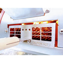 Close-up of the WPPO Lil Luigi Portable Oven by WPPO LLC Direct, showcasing its stainless steel burner with bright orange flames visible through ventilation holes. The metal panel is engraved with "CAUTION HOT!" and features a wooden handle on the left side.