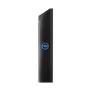 A sleek, black Messermeister Chef's Edge-Guard - 12" with a slightly angled top and a blue circular logo at the center, shown vertically on a plain white background—resembling a chef knife accessory by Messermeister.