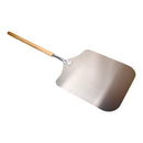 The WPPO Traditional Aluminum Long Handle Pizza Peel by WPPO LLC Direct features a flat, rectangular silver blade measuring 16"W x 40"L and a sturdy wooden grip, making it perfect for wood-fired cooking; photographed isolated on a white background.