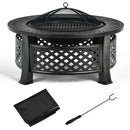DirectDeals Outdoor Fire Pit with BBQ Grill and High-temp Resistance Finish features a mesh lid, diamond-pattern lattice sides, black cover, and includes a metal fire poker in front.