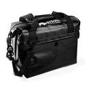 Black cooler bag by Bison Coolers with carrying straps and attached bottle opener.