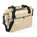 Sand soft-sided cooler bag by Bison Coolers with black straps and bottle opener keychain.