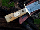A close-up of the Texan Knives Damascus Steel Cowboy Bowie Knife – 13" with brass guard and camel bone handle, shown resting on its included leather sheath atop mossy, dark wood.