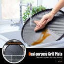 A person cleans the round grill plate of the 1350 W Outdoor Electric BBQ Grill with Removable Stand Easy to Install by DirectDeals, wiping it under running water. Inset: plate in dishwasher. Text: Non-stick, dual-purpose grill plate for easy cleaning.
