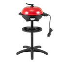 DirectDeals 1350 W Outdoor Electric BBQ Grill with Removable Stand features a domed lid, four-legged black stand, circular tray with cup holders, and side power cord—easy to install.