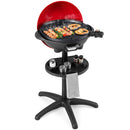 DirectDeals 1350 W Outdoor Electric BBQ Grill with Removable Stand Easy to Install features a red lid, grills seafood, meats, and veggies. Includes a lower shelf and towel rack; steam rises as it stands on four black legs.