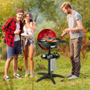 Three friends enjoy a barbecue in the grass and trees, cooking and relaxing with the DirectDeals 1350 W Outdoor Electric BBQ Grill with Removable Stand Easy to Install.