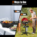Split image: Left shows indoor grilling; right shows a man grilling outdoors on the DirectDeals 1350 W Outdoor Electric BBQ Grill with Removable Stand Easy to Install. Text: 2 Ways to Use – Indoor / Outdoor.