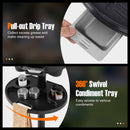 Top: Hand pulls out a metal drip tray from the 1350 W Outdoor Electric BBQ Grill with Removable Stand Easy to Install by DirectDeals. Bottom: Circular condiment tray with spice jars and towel attached, swivels for easy access.