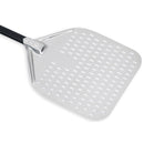 The WPPO 12" Professional Aluminum Pizza Peel by WPPO LLC Direct features a black handle and a flat, perforated, square-shaped surface—making it an essential tool for sliding pizzas in and out of the oven for both home cooks and professional chefs.
