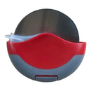 The WPPO LLC Direct WPPO Pizza Cutter With Removable Safety Shield is a precision-engineered tool featuring a stainless steel blade, a red and gray plastic handle, and a removable safety shield, displayed against a white background.