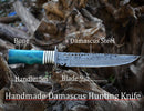 The Texan Knives Custom Handmade 13" Damascus Steel Civil War Bowie Knife features a camel bone handle and comes with a leather sheath, displayed on wood with labeled features.