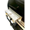 Close-up of the WPPO Gas Burner for Dual Fueled Outdoor Oven by WPPO LLC Direct, featuring “CAUTION HOT!” and “WPPO” labels, mounted on the side of a black barbecue grill—perfect for outdoor cooking or pairing with your Traditional 25 Dual Fueled Outdoor Oven.