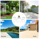 A collage displays a garden, balcony, poolside, and patio with the 5 Pieces Patio Rattan Furniture with 2 Ottomans and Tempered Glass Coffee Table-Red by DirectDeals at the center, illustrating versatile placement options.