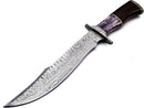 The Texan Knives Damascus Steel Western Brand Knife is a 15" custom blade with a patterned finish, curved guard, and a color bone & buffalo horn handle featuring lighter streaks. Leather sheath included.